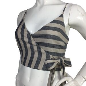 ASTR Linen Striped Wrap Crop Top With Bow XS